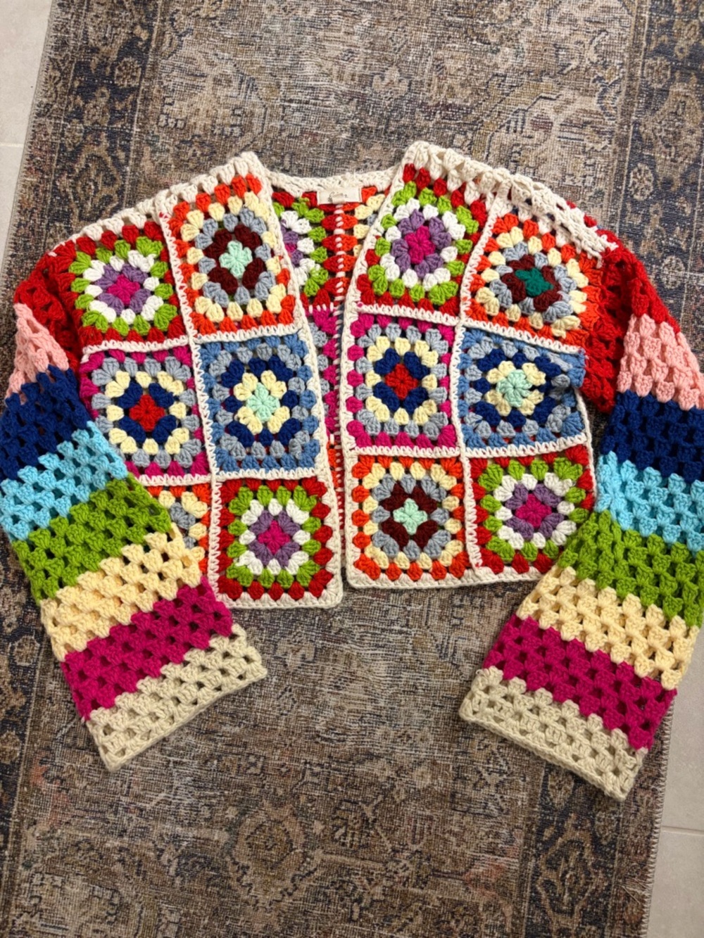 Elan Multicolor Crochet Granny Square Cardigan - Bright Patchwork